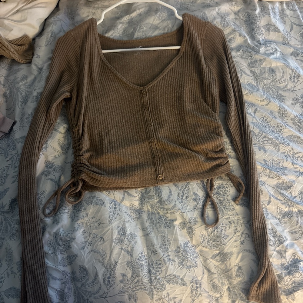 Hollister Taupe Ribbed Long Sleeve Blouse